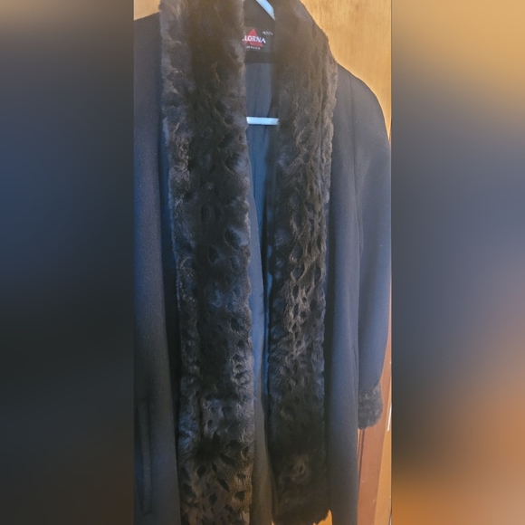 Alorna Black swing coat wool fur fix trim vtg women coat p med 8 10 jacket dress - Picture 1 of 7